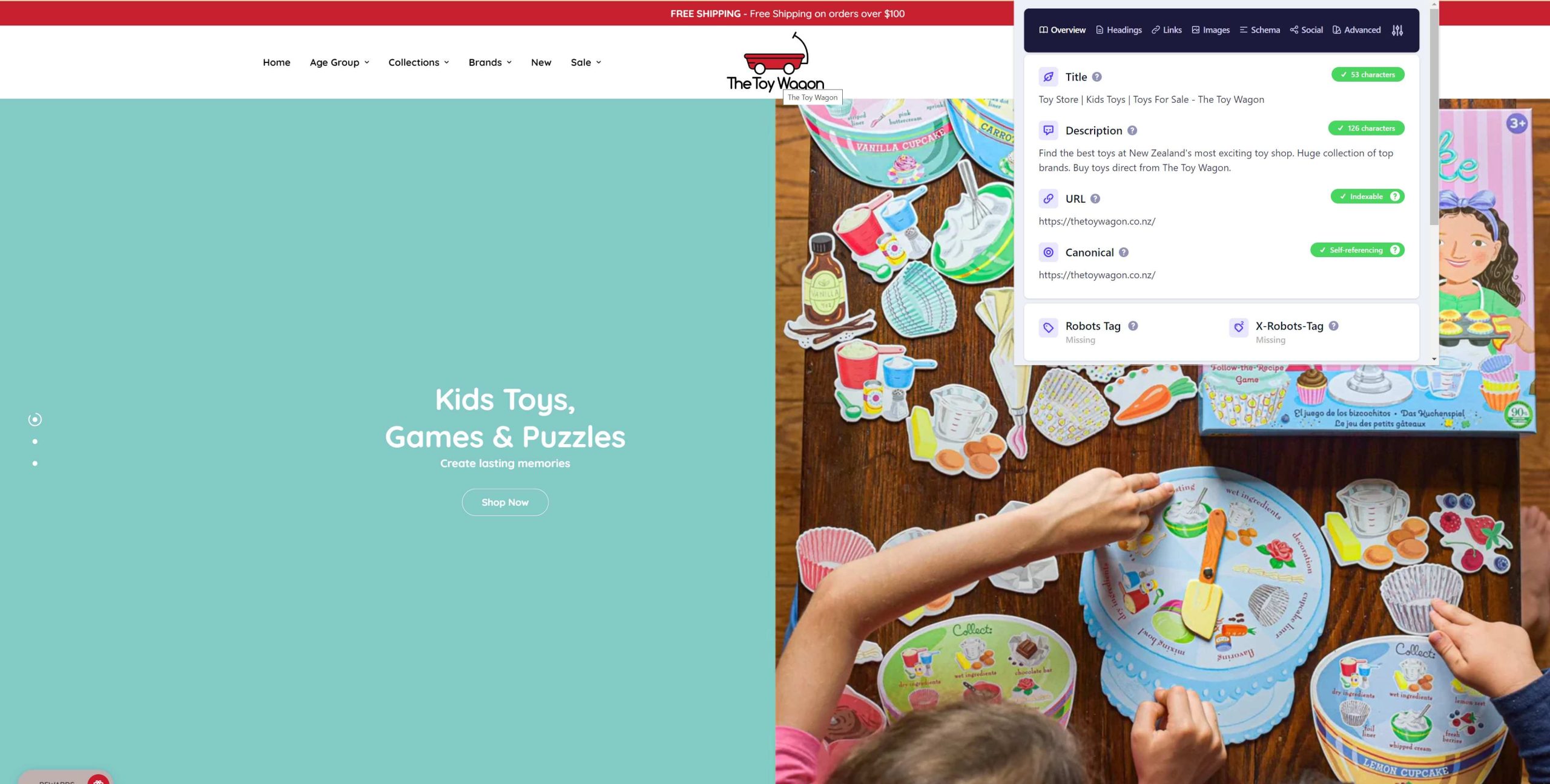 The SEO extension on The Toy Wagon homepage